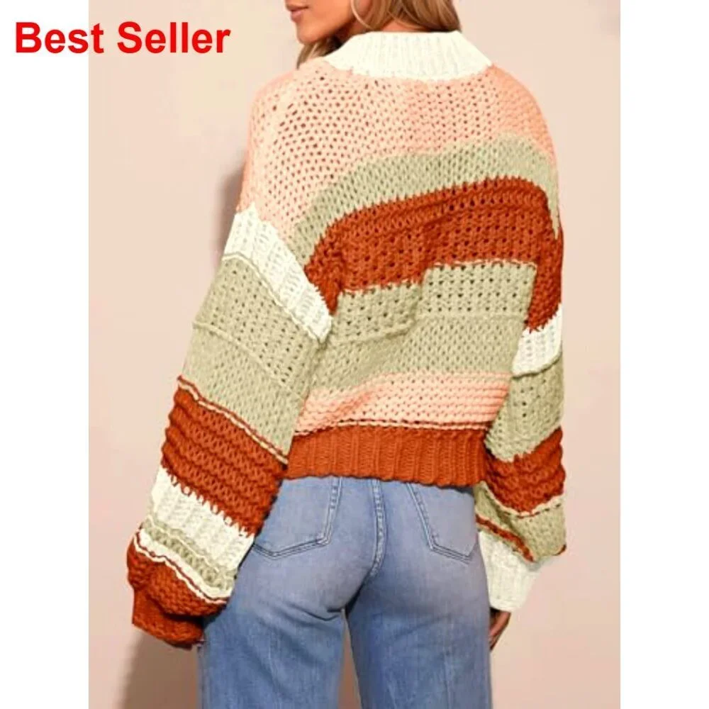 Striped Chunky Cardigan Sweater Button Up Oversized Long Sleeve Knit